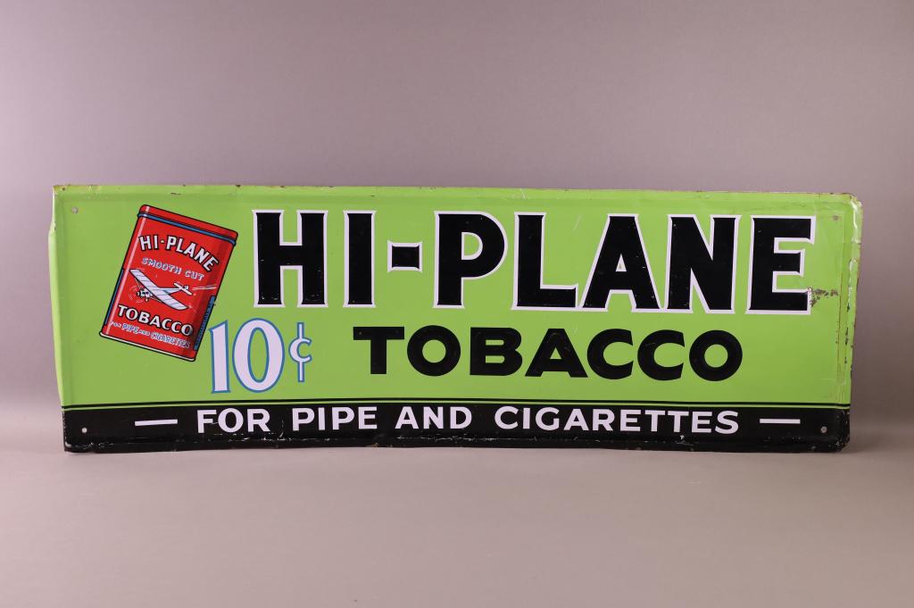 HI-PLANE TOBACCO TIN SIGN: SST HI-PLANE 10 CENT TOBACCO SIGN, SELF FRAMED, EMBOSSED. SURFACE SCRATCHES, DENTS. 11 3/4" x 35"