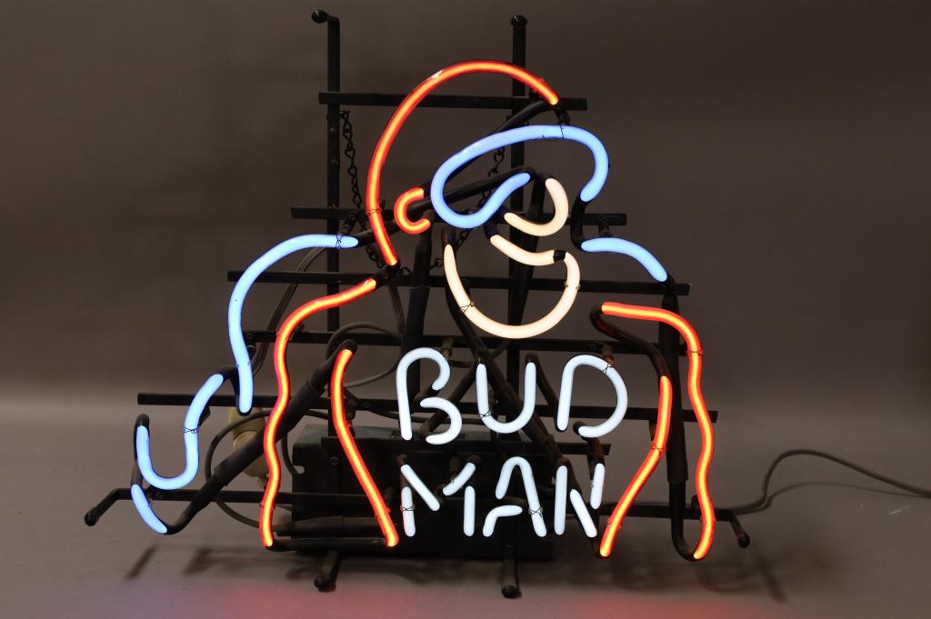 BUD MAN NEON: WORKING. 19" H. THIS ITEM EXCEEDS SIZE LIMITATIONS FOR IN HOUSE SHIPPING