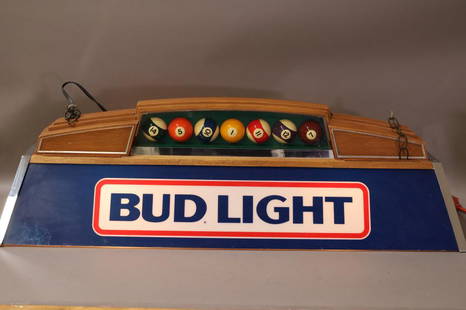 BUD LIGHT POOL TABLE LIGHT: WORKING. 12" x 40" . THIS ITEM EXCEEDS SIZE LIMITATIONS FOR IN HOUSE SHIPPING