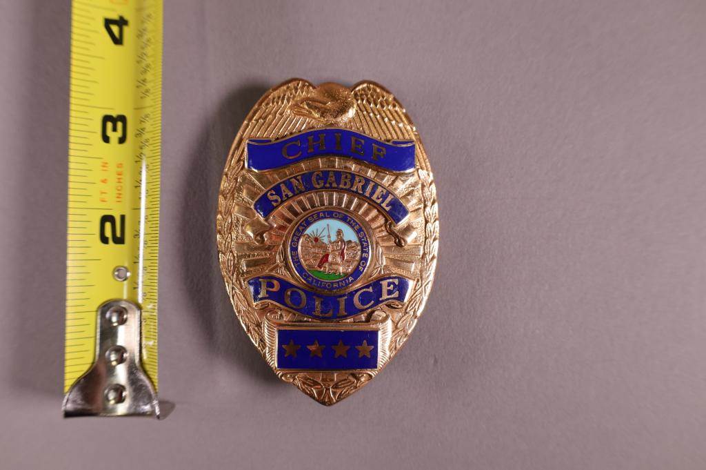 OBSOLETE SAN GABRIEL POLICE BADGE: POLICE CHIEF BADGE, UNMARKED.
