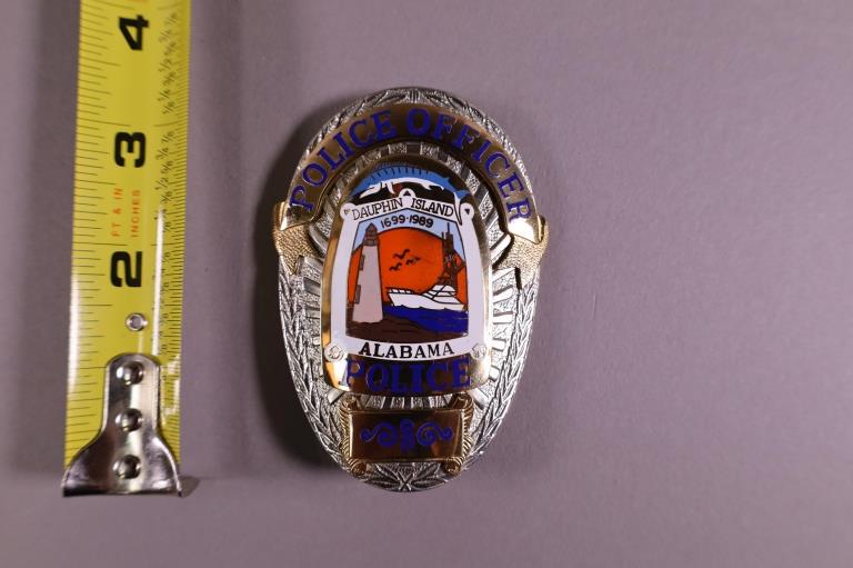 OBSOLETE DAUPHIN ISLAND ALABAMA POLICE BADGE: MARKED CUSTOM INSIGNIA PHOENIX ON REVERSE .