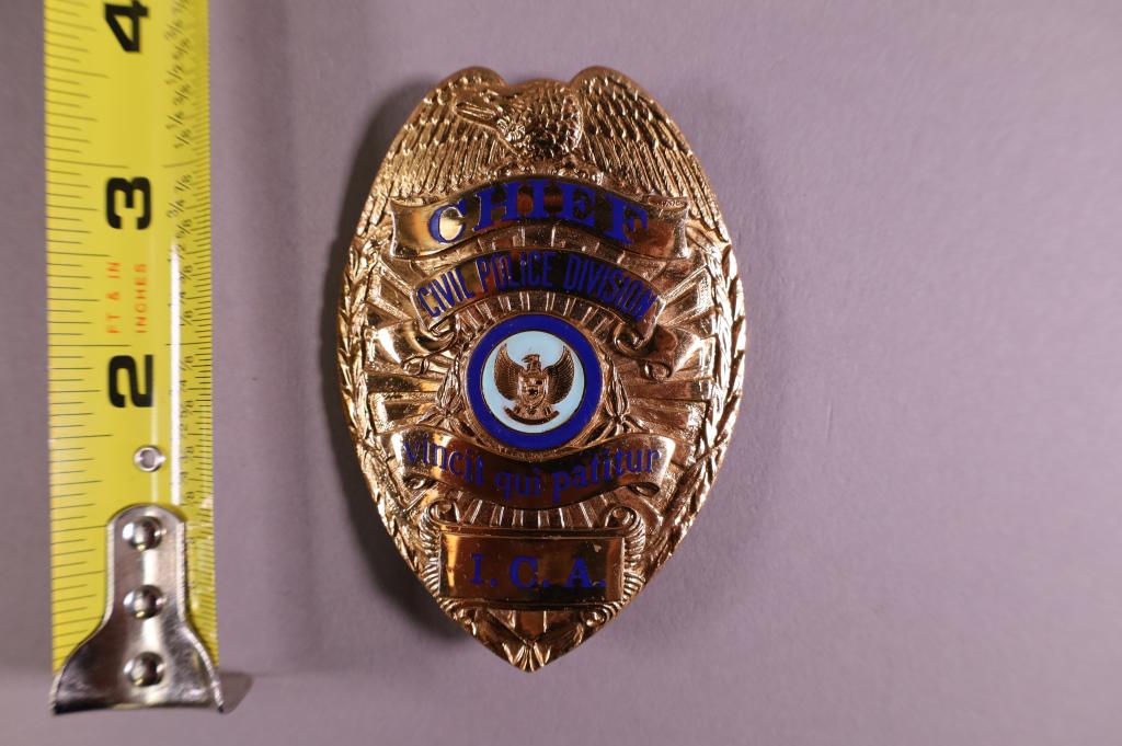 OBSOLETE CIVIL POLICE DIVISION CHEIF BADGE: I.C.A. CHIEF BADGE. MARKED ENTEMANN LOS ANGELES ON REVERSE.