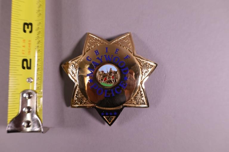 OBSOLETE MAYWOOD POLICE CHIEF BADGE: MARKED APRIL ON REVERSE
