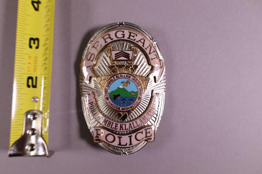 OBSOLETE PORT GAMBLE SERGEANT BADGE: KLALLAM TRIBE POLICE SERGEANT BADGE. MARKED BNB PHOENIX ON REVERSE