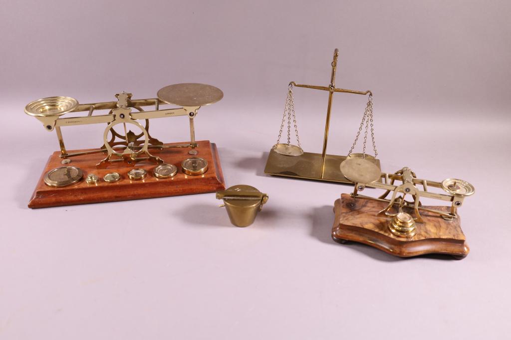 THREE BRASS & WOOD SCALES (1 of 4)