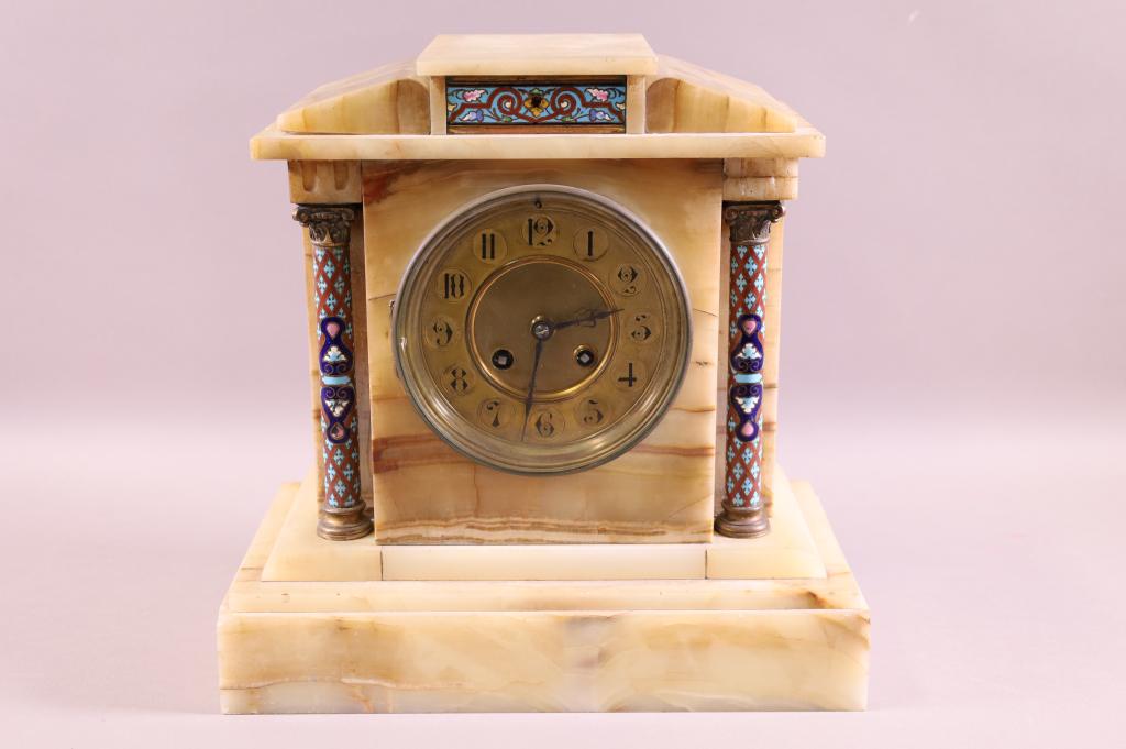 ALABASTER & ENAMEL MANTLE CLOCK (1 of 2)