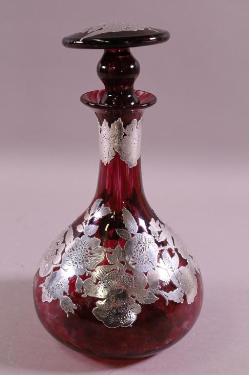 STERLING SILVER OVERLAY WINE DECANTER: RUBY WINE DECANTER WITH SILVER OVERLAY. MARKED 925. GOOD CONDITION. 10" H.