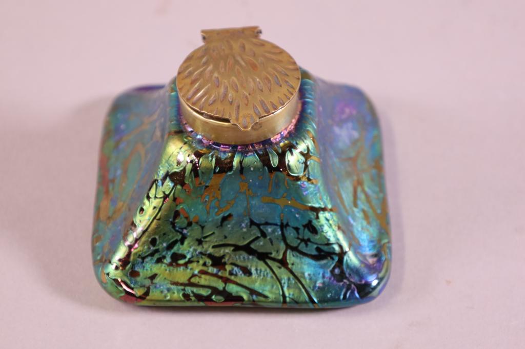 ART NOUVEAU ART GLASS INKWELL: ATTRIBUTED TO LOETZ. ART NOUVEAU STYLE INKWELL. GOOD CONDITION. 3 1/4" x 3 1/4" x 3" H