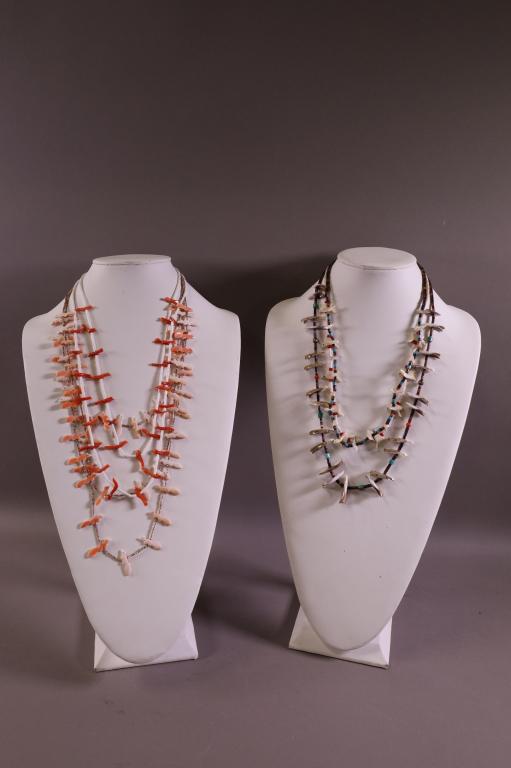 FIVE NATIVE AMERICAN NECKLACES: BIRDS, SQUIRRELS, & FISH DECORATED. FETISH NECKLACES. GOOD CONDITION.