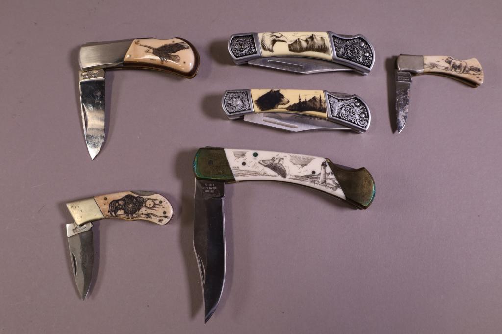 SIX POCKET KNIVES: SCRIMSHAW CARVED POCKET KNIVES. 1 MARKED SOLINGEN BEAR HUNTER. KA-BAR 2705 KNIFE, LITTLE MUSTANG. & MORE.
