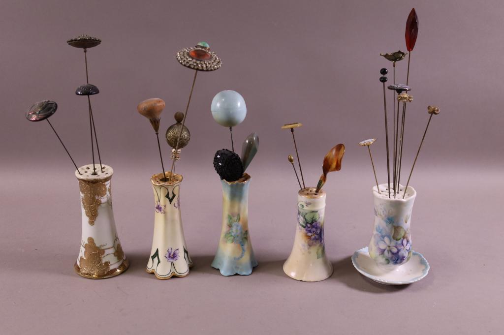 5 PORCELAIN HAT PIN HOLDERS WITH HAT PINS (1 of 6)
