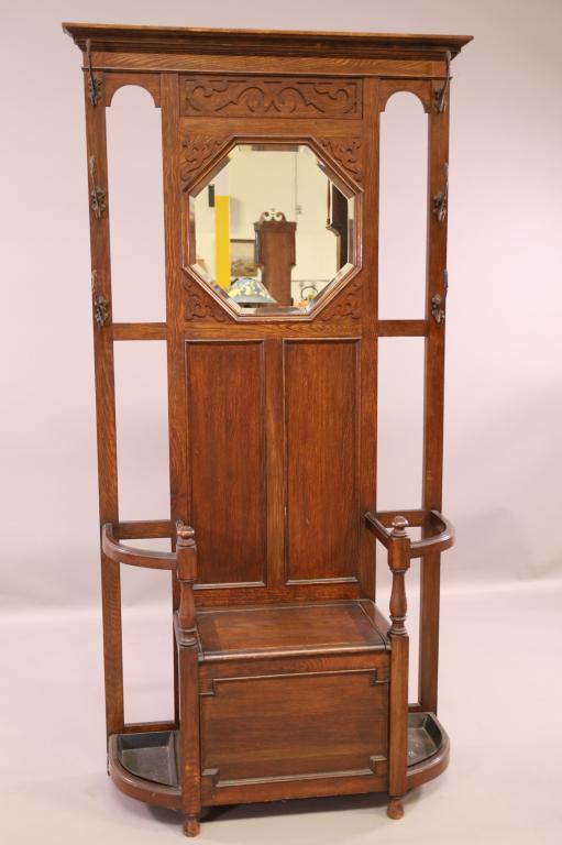 ANTIQUE OAK HALL TREE W/ BEVELED MIRROR (1 of 3)