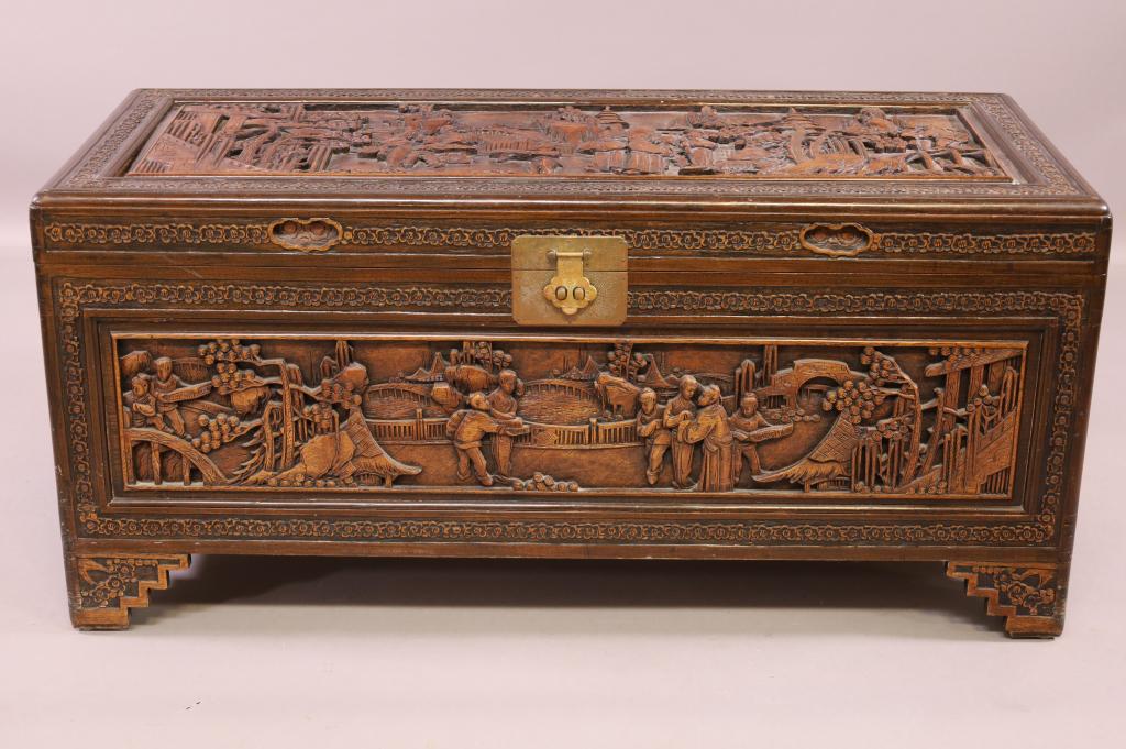 HIGHLY CARVED CHINESE HARDWOOD CAMPHOR TRUNK (1 of 5)