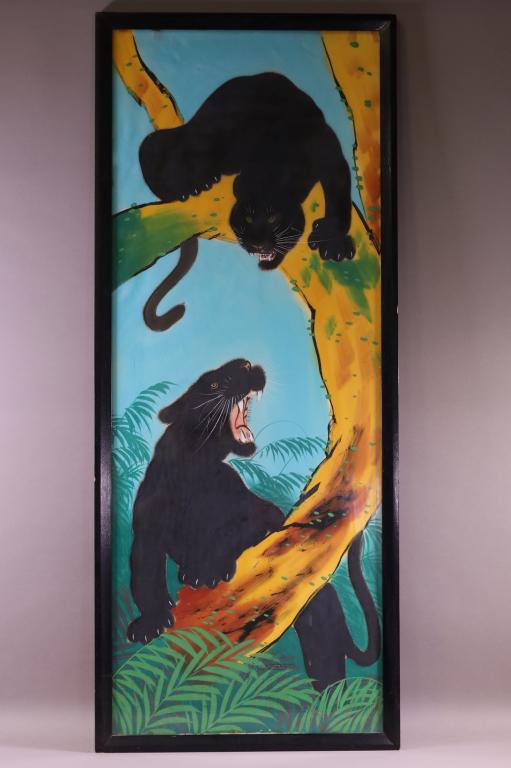 JAPANESE WATERCOLOR ON SILK OF PANTHERS: WATERCOLOR ON SILK OF PANTHERS. UNMAKRED. GOOD CONDITION. 44" x 18" THIS ITEM EXCEEDS SIZE LIMITATIONS FOR IN HOUSE SHIPPING.