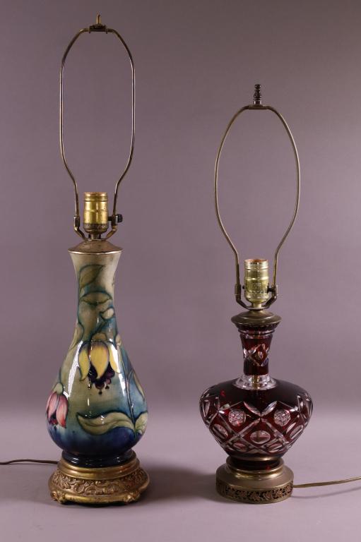 MOORCROFT POTTERY & RUBY CUT TO CLEAR LAMPS (2) (1 of 3)