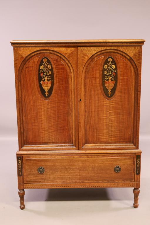 1920'S WIDDICOMB INLAID CHIFFEROBE: INLAID FRONT DOORS, FITTED INTERIOR WITH DRAWERS. MARKED WIDDICOMB. GOOD CONDITION. 38" W x 23" D x 53" H. THIS ITEM EXCEEDS SIZE LIMITATIONS FOR IN HOUSE SHIPPING.