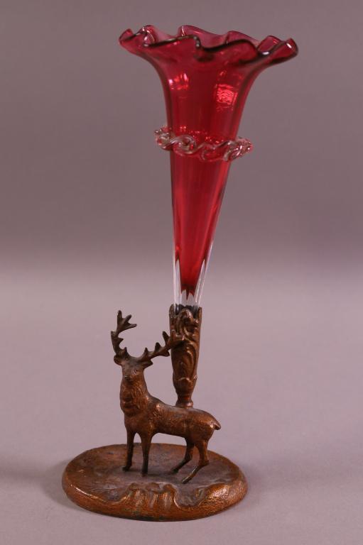 VICTORIAN CAST METAL DEER & CRANBERRY GLASS VASE (1 of 2)