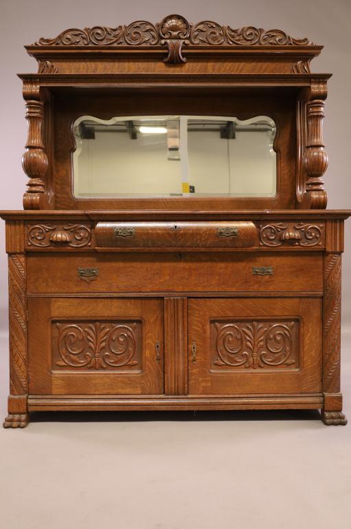 LARGE 1900'S CARVED AM. OAK SIDEBOARD (1 of 7)