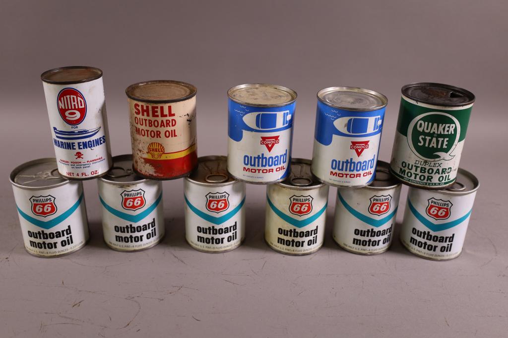 ELEVEN SMALL OUTBOARD MOTOR OIL CANS: 8 FLUID OZ CANS. SHELL, CONOCO, PHILLIPS 66. SCRATCHES, DENTS, RUST.