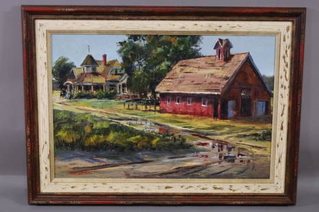 BEN ABRIL FARM HOUSE OIL PAINTING: OIL ON CANVAS, SIGNED LOWER LEFT, BEN ABRIL. 36" x 23" IMAGE SIZE / 44" x 33" IN FRAME.