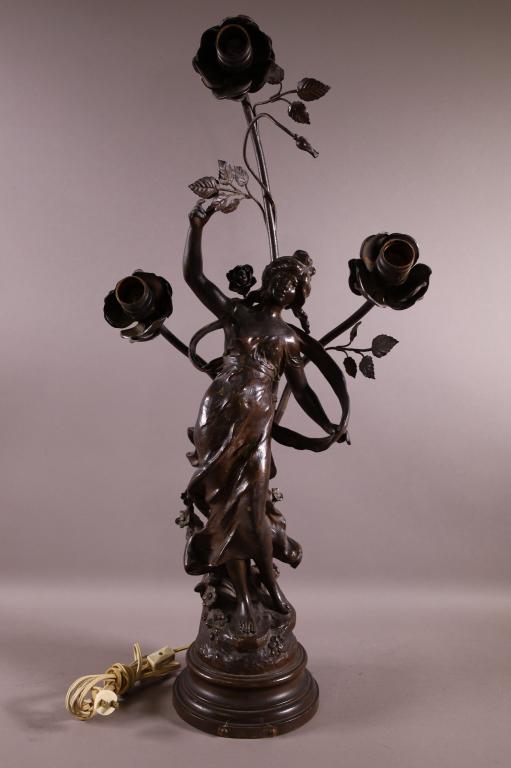 FRENCH SPELTER FIGURAL THREE ARM LAMP (1 of 4)