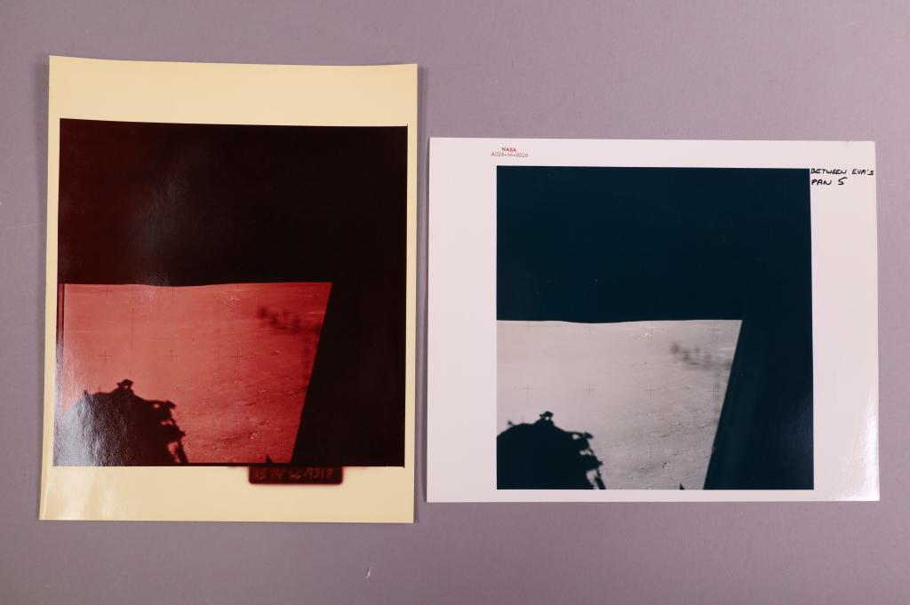 (Apollo 14) Photo from A1s Window: AS14-66-9318. View of the ALSEP site from Al's window. Out of focus in the foreground, we can see some of the etching on the window that he used to see where the computer thought they were going to la