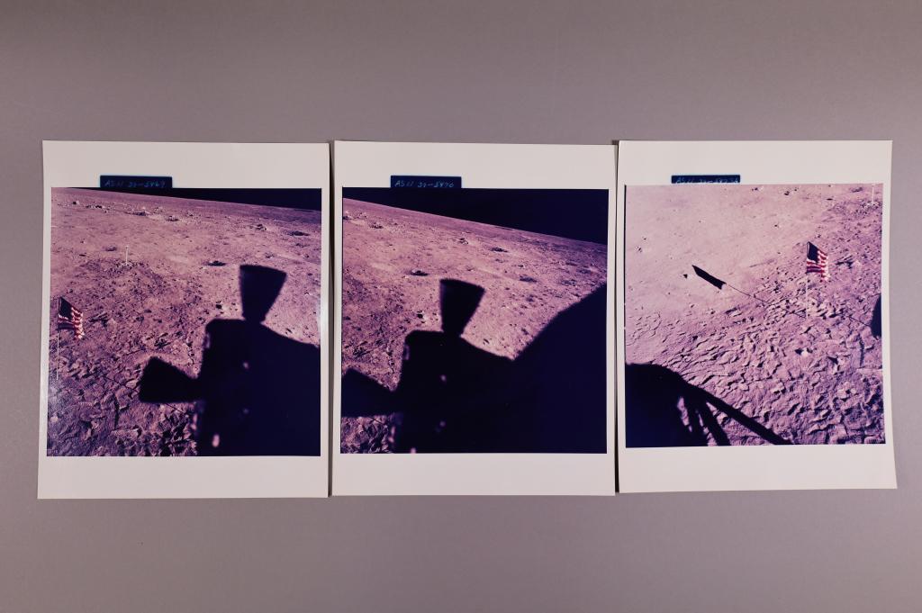 (Apollo 11) 3 Photos of the Moon: AS11-37-5469, 5470, 5473A. Photo of Flag on Moon & thruster. Vintage photgraphic print on fiber based paper 8" x 10"