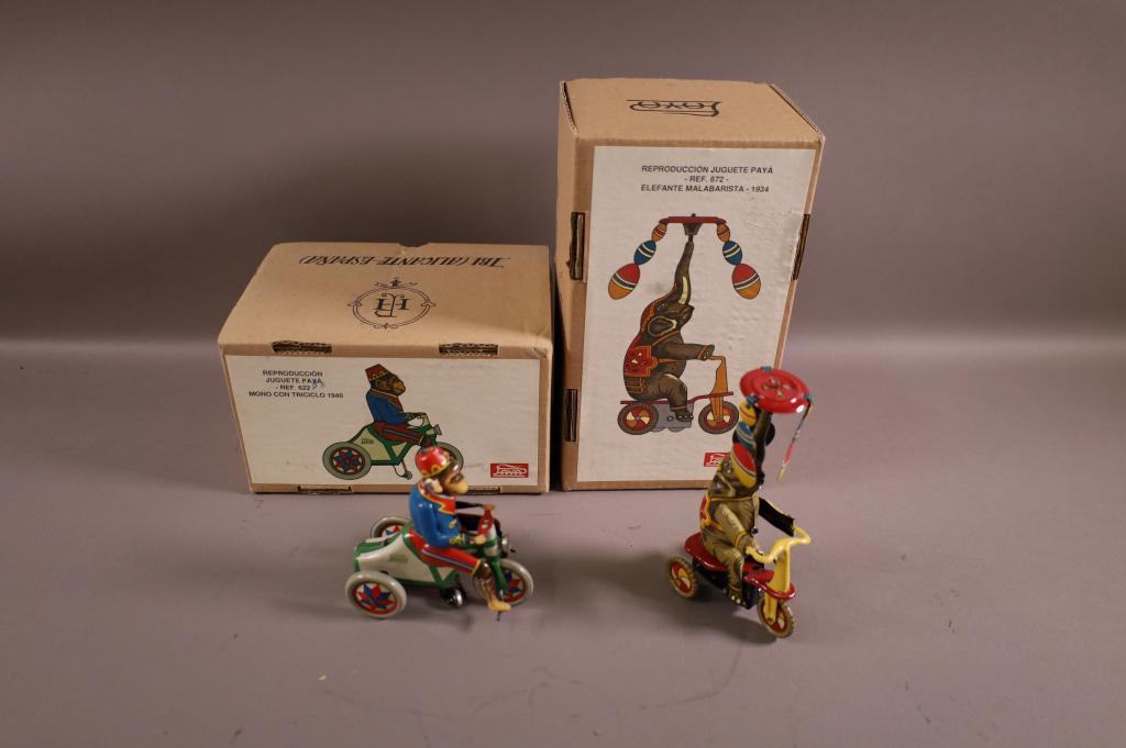 2 PAYA SPANISH MADE TIN LITHO TOYS: REPRODUCTION TOYS BY PAYA. WITH ORIGINAL BOXES. MONKEY ON TRIKE & ELEPHANT ON TRIKE. 6" H & 4 12" H