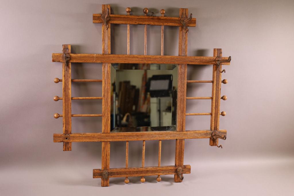 1900'S AM. OAK STICK & BALL HAT RACK WALL MIRROR (1 of 2)