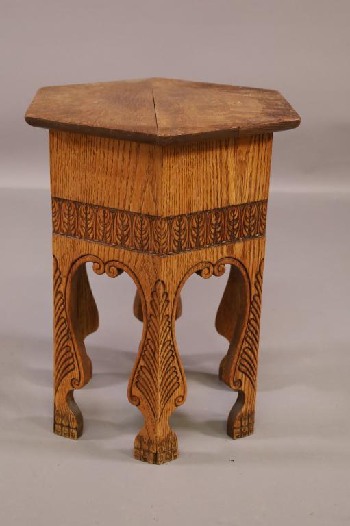 1900'S HIGHLY CARVED HEXAGON OAK STAND (1 of 3)