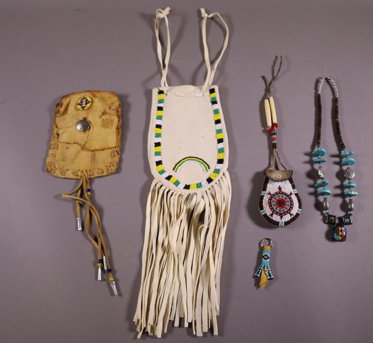 COLLECTION OF NATIVE AMERICAN ITEMS: FETISH BAG, NECKLACE, CANVAS BAG, KEYCHAIN. 2 1/2" - 15" H.