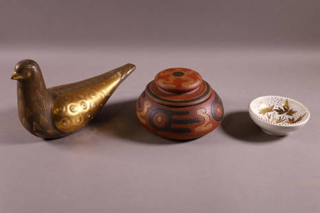 THREE PIECES OF POTTERY: COVERED DISH, PIGEON, SMALL BOWL. SIGNED WAYLAND GREGORY & CLIFTON. 4 - 10" W