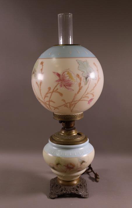 VICTORIAN GONE WITH THE WIND LAMP: HAND PAINTED GONE WITH THE WIND LAMP, BALL SHADE. GOOD CONDITION. 25" H. THIS ITEM EXCEEDS SIZE LIMITATIONS FOR IN HOUSE SHIPPING.