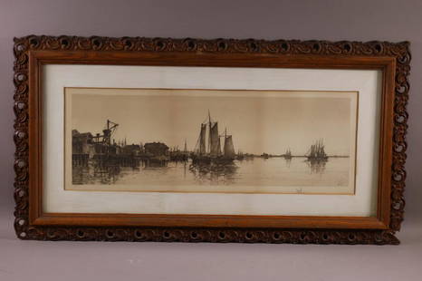 ANTIQUE ETCHING: COPYRIGHT 1890, FISHEL ADLER & SCHWARTZ. NEW YORK. MARKED BOTTOM RIGHT, MIELATZ 1890. CHARLES FREDERICK WILLIAM MIELATZ. IN CARVED FRAME. DAMAGE TO FRAME. 32 1/2" x 17" IN FRAME.