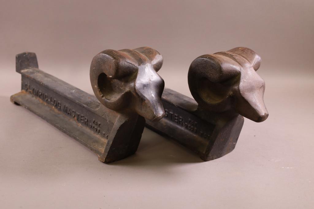 PAIR OF IRON RAMS HEAD ANDIRONS (1 of 2)