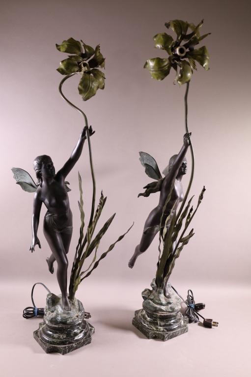 PAIR OF SIGNED 1930'S BRONZE FAIRY LAMPS: SIGNED BRONZE FAIRY LAMPS. SIGNED J. (JEAN) GARNIER. BRONZE NUDE FAIRY ON MARBLE BASE. NO SHADES. GOOD PATINA, GOOD CONDITION. 32" H.