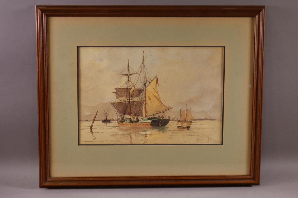 1890 MYRON CLARK SHIPS IN HARBOR WATERCOLOR (1 of 4)