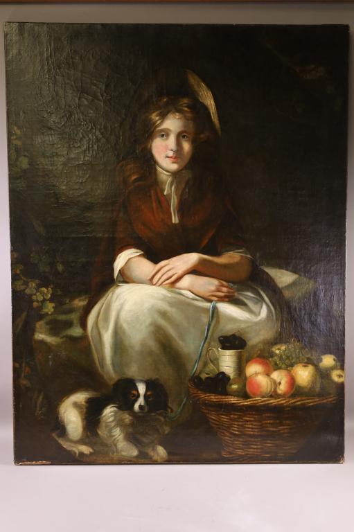 LARGE 19TH C. PORTRAIT OF GIRL WITH FRUIT PAINTING (1 of 4)