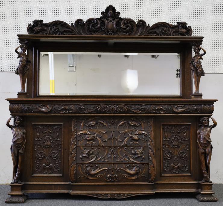 1900'S HIGHLY CARVED AM. OAK FIGURAL SIDEBOARD (1 of 7)