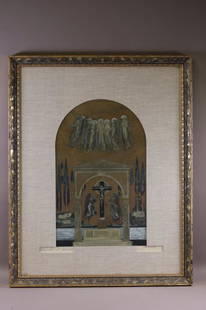 MILLARD SHEETS DRAWING: DESIGN OF MOSAIC FOR SANCTUARY BY WALLACE NEFF ARCHITECT. GOOD CONDITION. 23" x 29" IN FRAME.