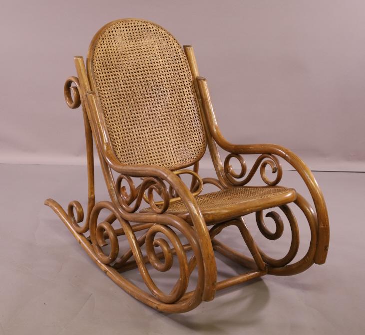 1960'S THONET STYLE ROCKER: BAMBOO AND CANE ROCKER, GOOD CONDITION. 22" W x 49" D x 39" H. THIS ITEM EXCEEDS SIZE LIMITATIONS FOR IN HOUSE SHIPPING.