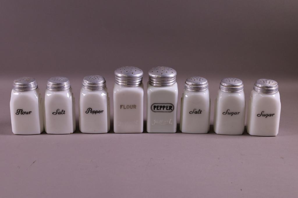 SEVEN VINTAGE GLASS KITCHEN SHAKERS (1 of 5)