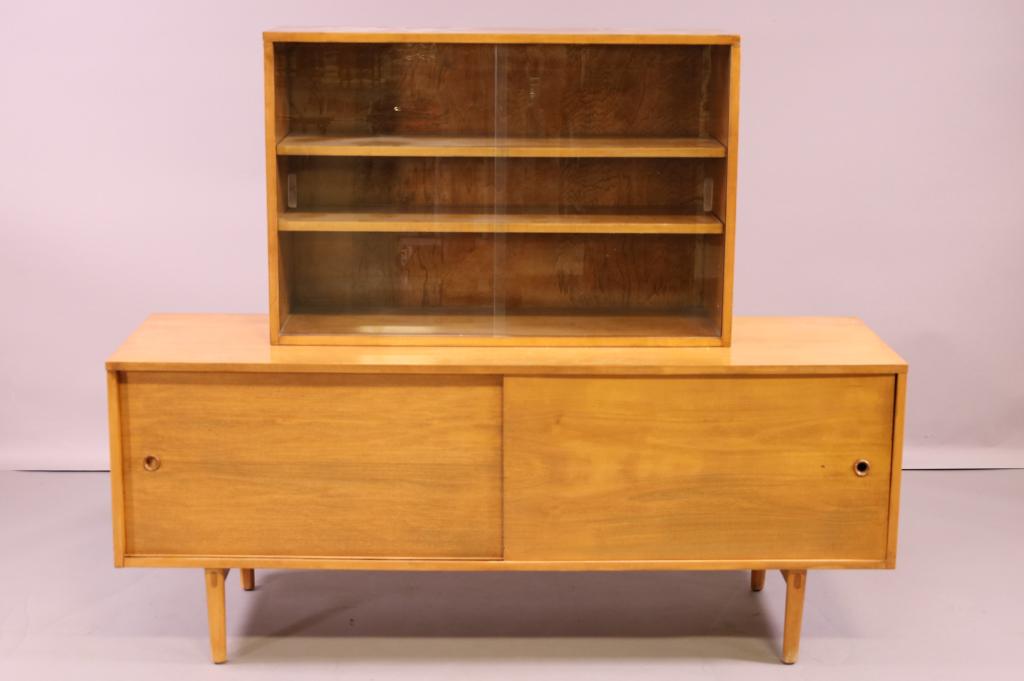 PAUL MCCOBB FOR PLANNER GROUP CREDENZA: CREDENZA WITH UPPER SHOWCASE. TWO UPPER SLIDING GLASS DOORS WITH TWO INTERIOR GLASS SHELVES. LOWER SLIDING DOORS WITH SINGLE SHELF. GOOD CONDITION. 60" W x 18" D x 48" H. THIS ITEM EXCEEDS SIZE LIMITA