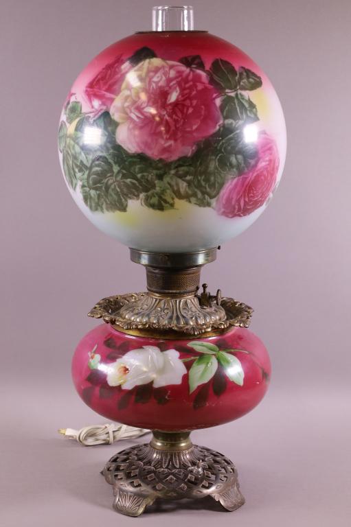 VICTORIAN STYLE GONE WITH THE WIND LAMP: FLORAL PATTERN, ELECTRIFIED GONE WITH THE WIND LAMP. SOME PAINT LOSS. 24" H.