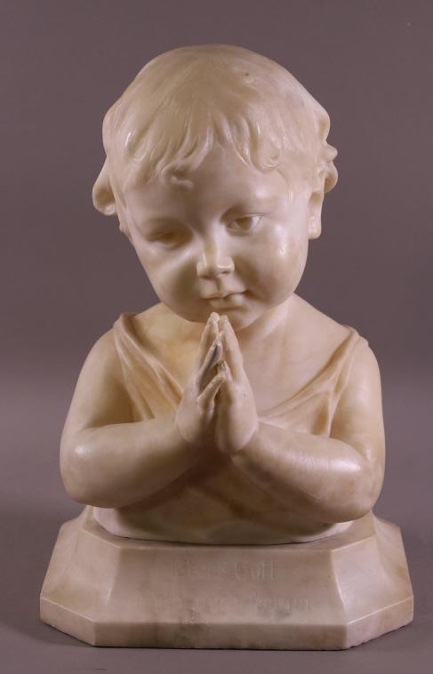 ANTIQUE ALABASTER BABY BUST: BABY PRAYING BUST, MARKED ON FRONT, LIEBER GOTT MACH MICH FROMM. FINGERS HAVE BEEN REPAIRED. 16" H