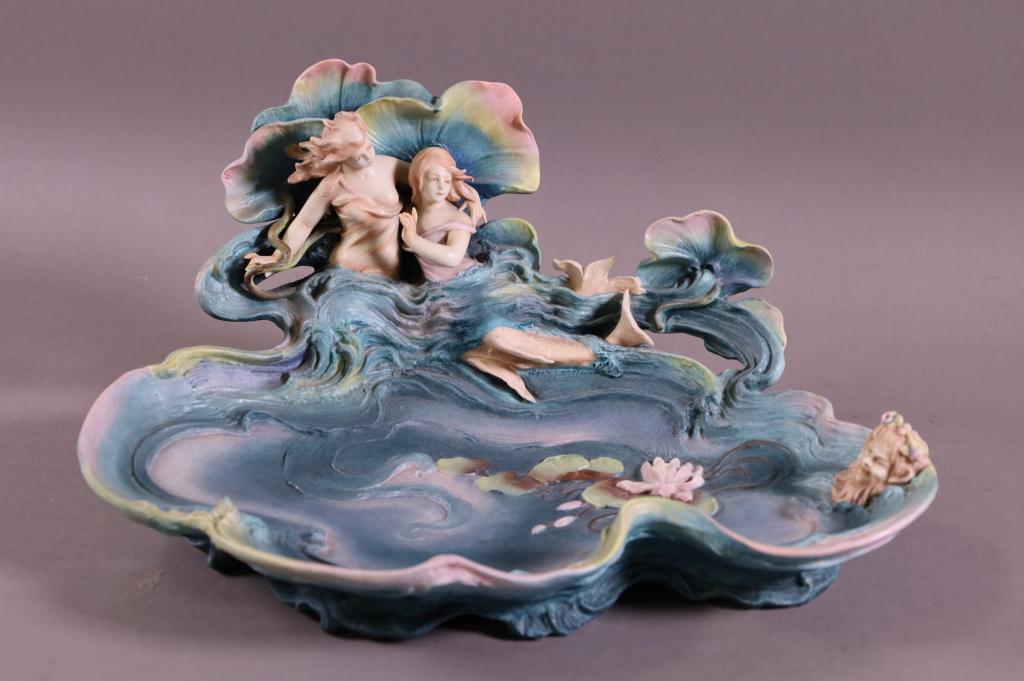 BISQUE MERMAID TRAY: BISQUE TRAY, HAND PAINTED MERMAID FIGURES. UNMARKED. 12" L x 6" H.