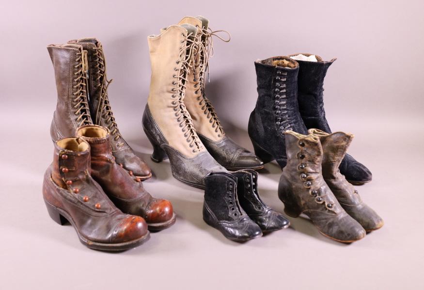 SIX PAIRS OF VICTORIAN SHOES: LADIES & CHILDRENS BOOTS AND SHOES. WEAR TO LEATHER. VARIOUS SIZES.