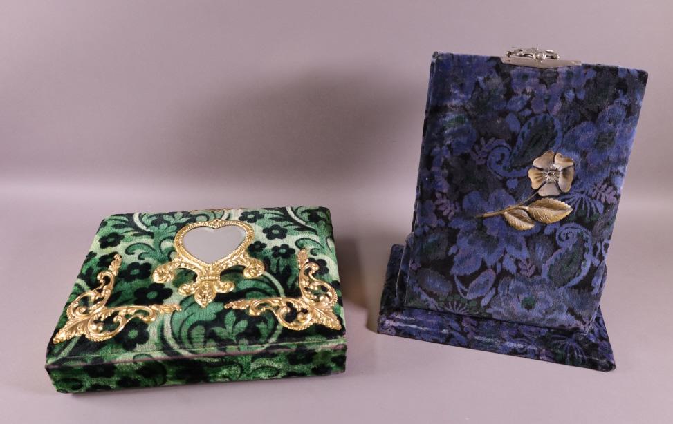 TWO VICTORIAN PHOTO ALBUMS: TWO VELVET VICTORAIN PHOTO ALBUMS, BLUE TABLE TOP WITH FLORAL PATTERN, WITH PHOTOS, 13" H & GREEN GILT METAL, MIRRORED TOP, PARTIAL FILLED WITH PHOTOS.
