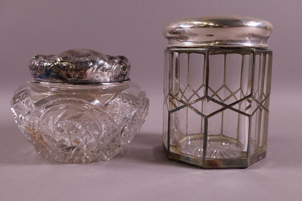TWO STERLING TOP GLASS JARS (1 of 3)
