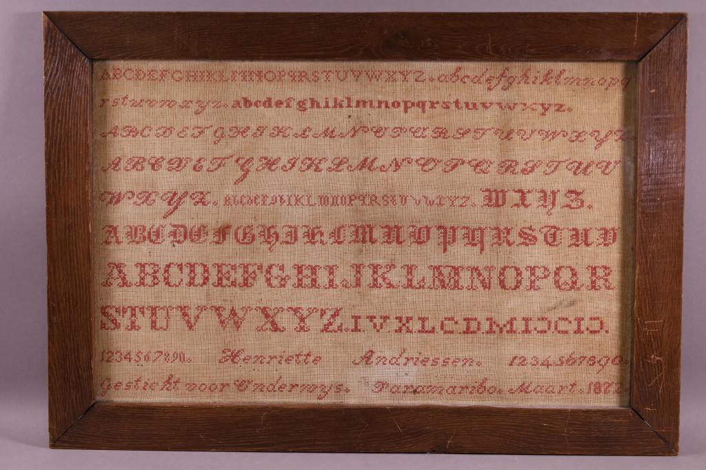 1872 SAMPLER: OAK FRAME, DATED 1872 SAMPLER FRAMED UNDER GLASS. 26" x 18" IN FRAME.